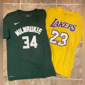 Kids LeBron Yellow Lakers and Giannis Green Milwaukee Shirts
